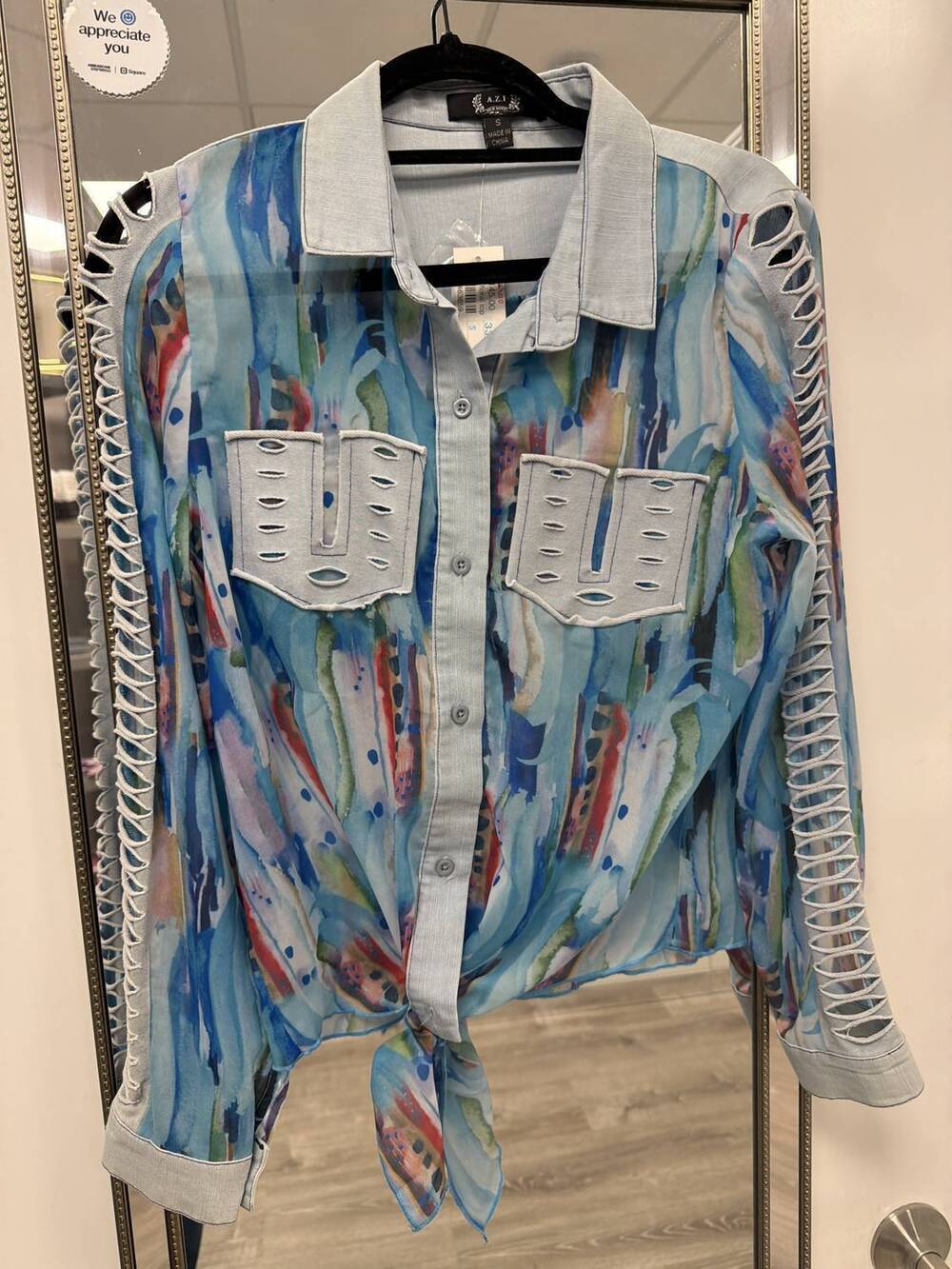 NEW AZI women's denim floral blouse